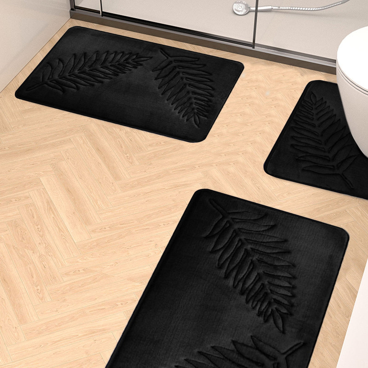 3 Pcs Bathroom Rugs, Leaves Bath Mat Toilet Mats, Soft Comfortable Non-Slip Bathroom Rug Set, Bath Mats for Bathroom, Machine Washable Bath Mat Bathroom Rug Sets, 20x31.5in, Black 3pc Gray