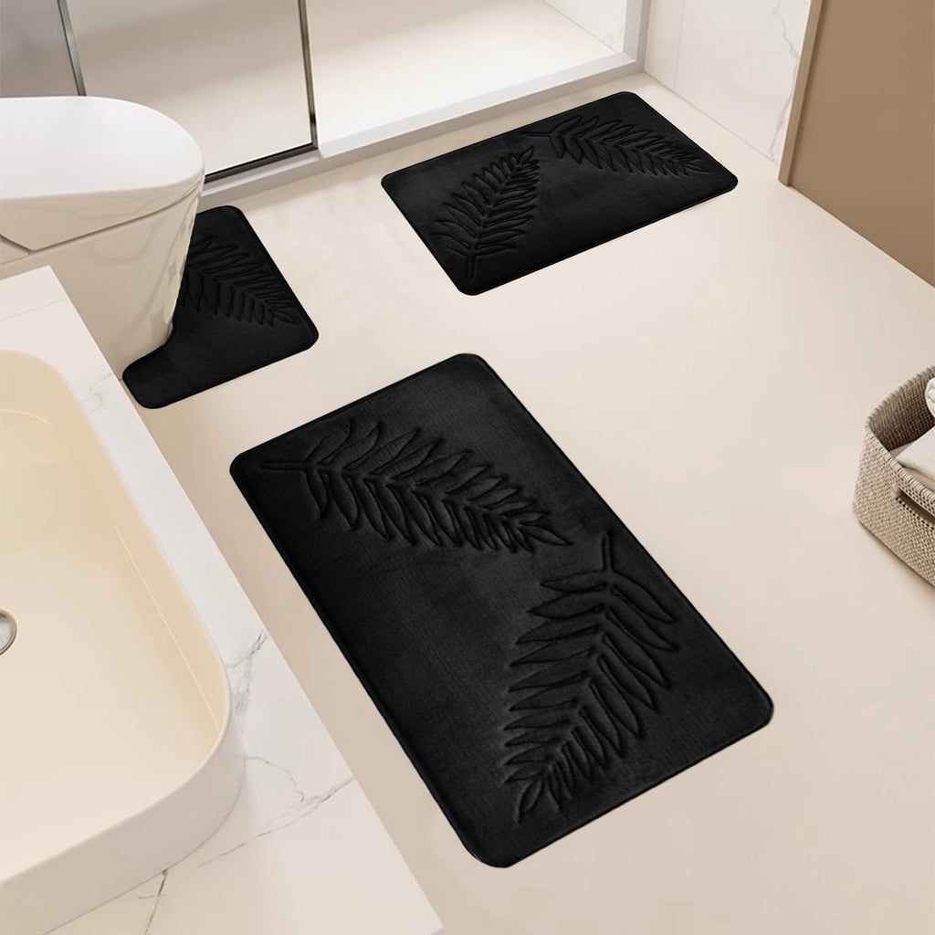 3 Pcs Bathroom Rugs, Leaves Bath Mat Toilet Mats, Soft Comfortable Non-Slip Bathroom Rug Set, Bath Mats for Bathroom, Machine Washable Bath Mat Bathroom Rug Sets, 20x31.5in, Black 3pc Gray