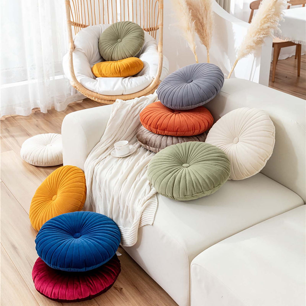 Round Throw Pillow 15.7 inch Decorative Round Velvet Floor Pillows Small Pumpkin Throw Pillow Cushion for Living Room Sofa Bed, Gray Beige