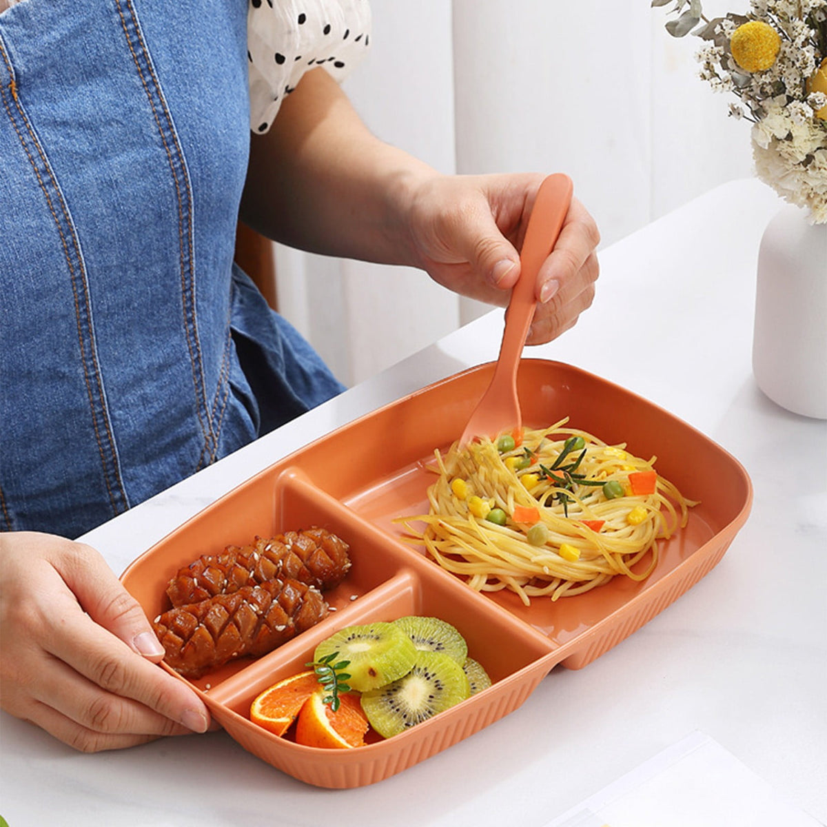 Large 10 Inch Wheat Straw Divided Plates for Adults Picnic, 3 Compartment Plates, Unbreakable Portion Control Plate, Reusable Plastic Compartment Plates, Dinner Plates Dessert Plates 10.4×7.1 in Orange
