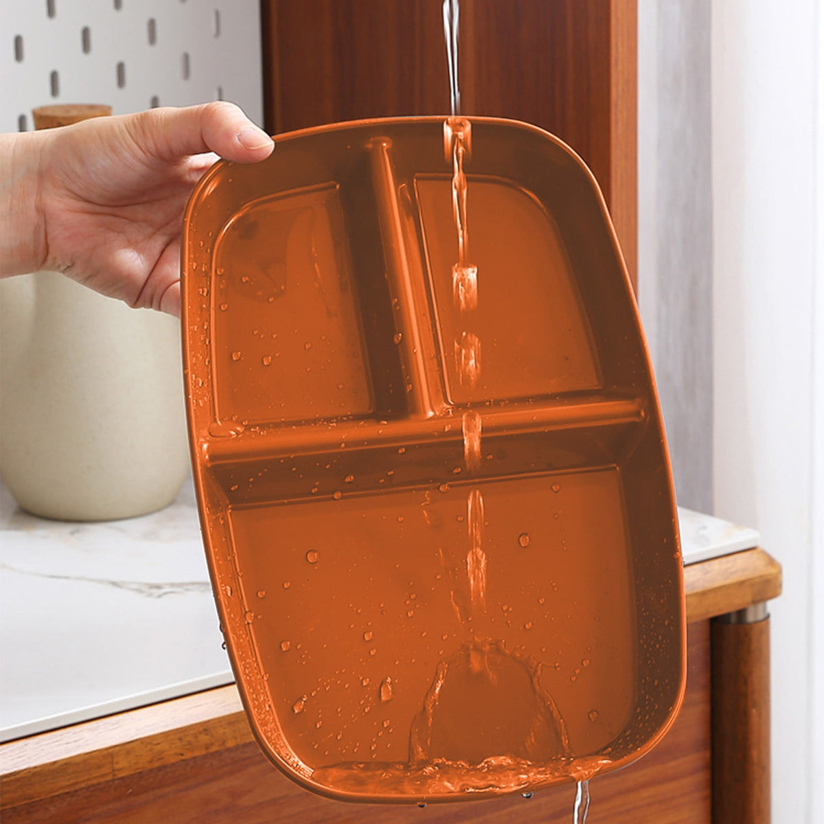 Large 10 Inch Wheat Straw Divided Plates for Adults Picnic, 3 Compartment Plates, Unbreakable Portion Control Plate, Reusable Plastic Compartment Plates, Dinner Plates Dessert Plates 10.4×7.1 in Orange