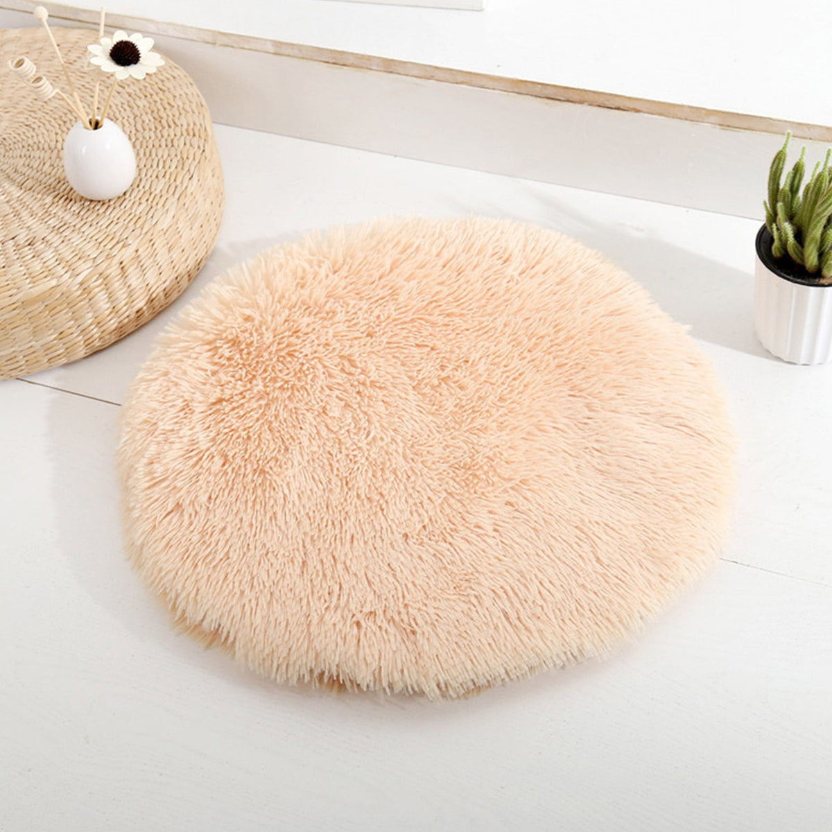 Darzheoy 16 inch Plush Dog Bed Mat Warm Fluffy Round Puppy Crate Pad with Anti-Slip Waterproof Bottom Soft Comfy Pet Kennel Mat for Small and Medium Dogs Beige