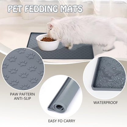 Darzheoy Dog Food Mat, Waterproof Dog Bowl Mat, Silicone Dog Mat for Food and Water, Pet Food Mat with Edges, Nonslip Dog Feeding Mat, Dog Food Mats for Floors Gray