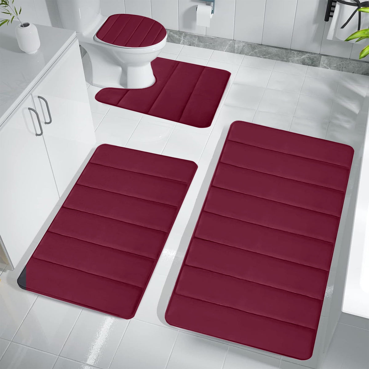 Bathroom Rugs Sets 3 Piece, Bath Rugs for Bathroom Non Slip, Ultra Soft Water Absorbent Microfiber Bath Mat Set, Machine Washable Thick Plush Bath Mats for Bathroom Floor,Tub and Shower 4 pc Red