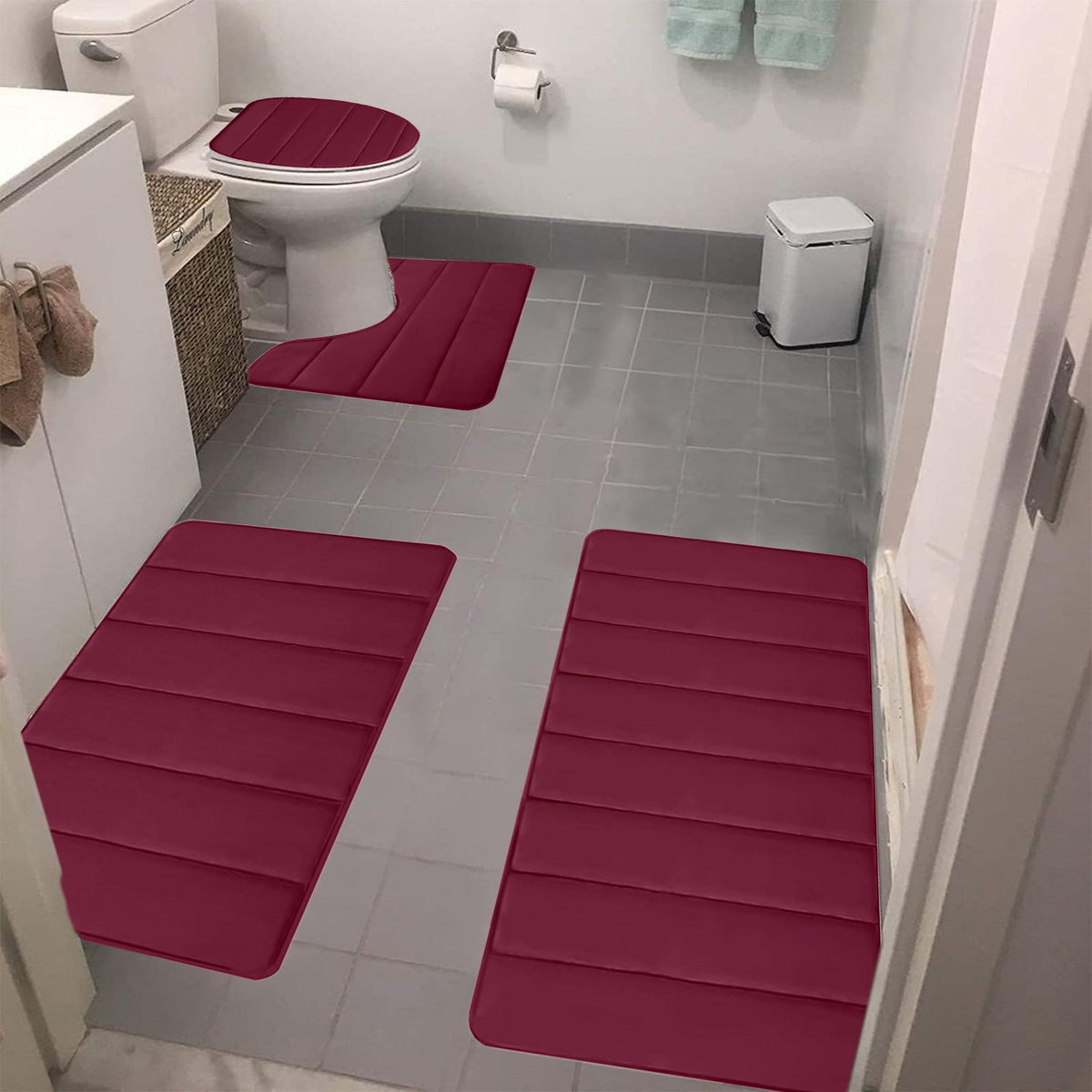 Bathroom Rugs Sets 3 Piece, Bath Rugs for Bathroom Non Slip, Ultra Soft Water Absorbent Microfiber Bath Mat Set, Machine Washable Thick Plush Bath Mats for Bathroom Floor,Tub and Shower 4 pc White 1