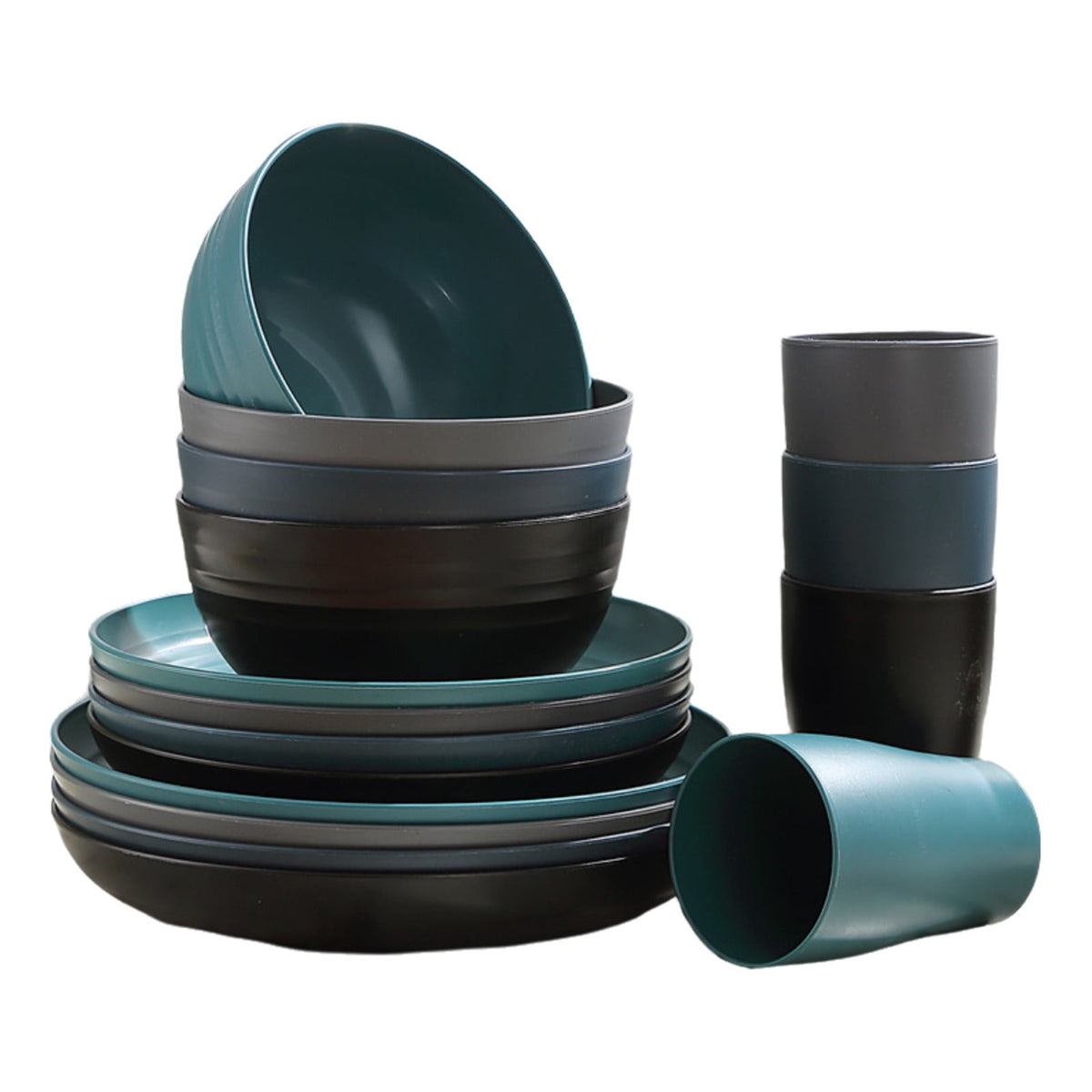 16 Pieces Kitchen Dinnerware Set, Service for 8, Dinner Plates, Dessert Plate, Cereal Bowls, Cups, Colorful Plastic Outdoor Camping Dishes Green