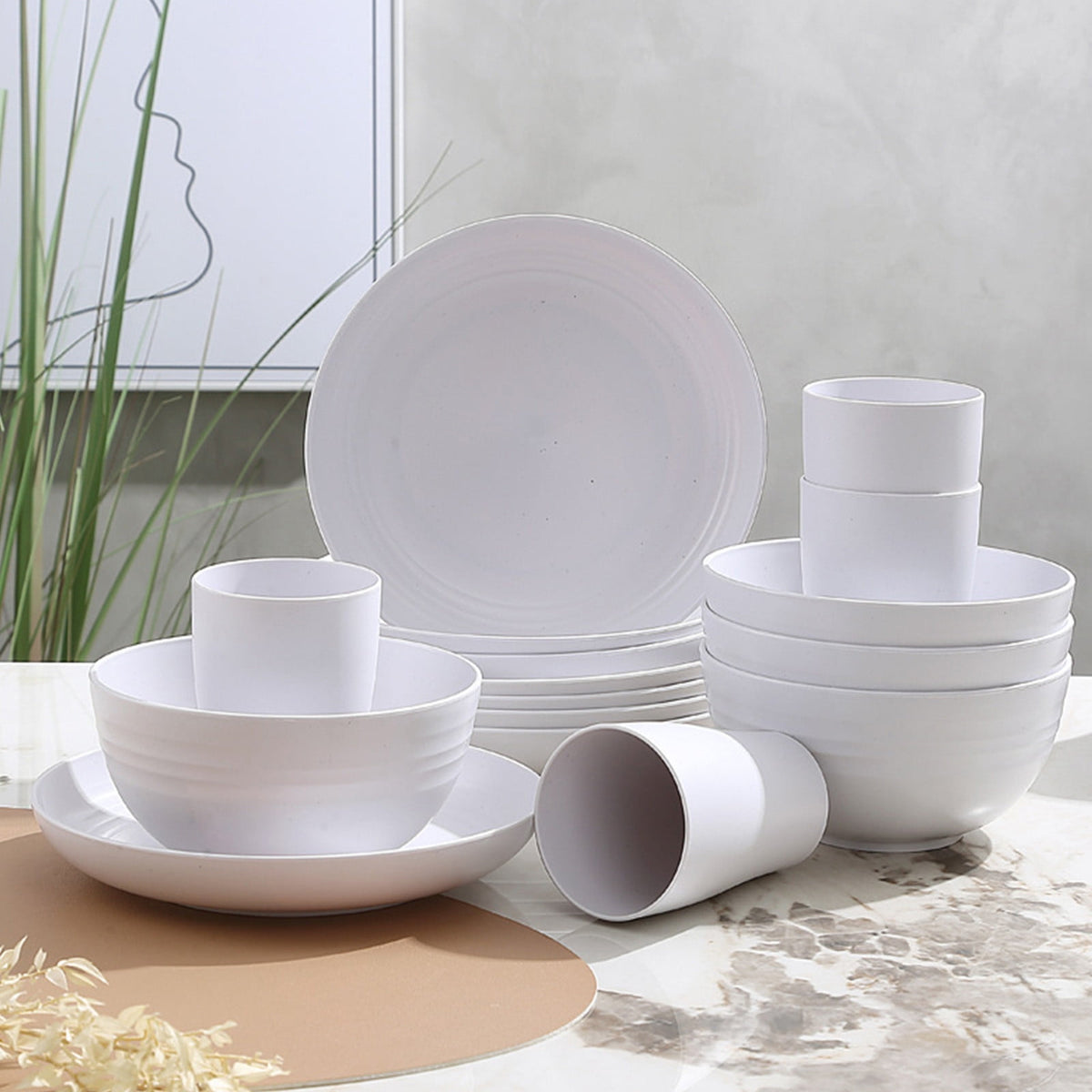 16 Pieces Kitchen Dinnerware Set, Service for 8, Dinner Plates, Dessert Plate, Cereal Bowls, Cups, Colorful Plastic Outdoor Camping Dishes White