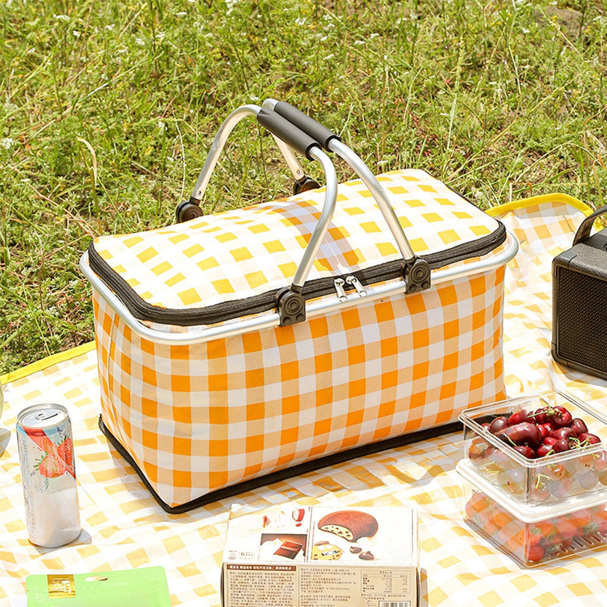 Picnic Basket, Collapsible Shopping Basket with Lid Large Market Basket with Handles Reusable Folding Grocery Basket Insulated Cooler Bag for Picnic Travel 18.5×8.7×10.6 in Pink