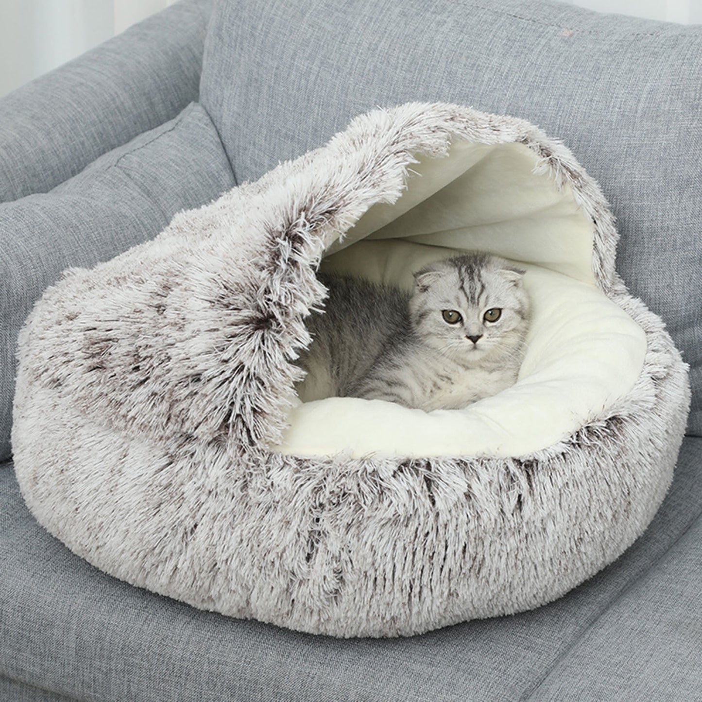 Darzheoy Calming Dog Beds & Cat Cave Bed with Hooded Cover, Removable Washable Round Beds for Small Medium Pets, Anti-Slip Plush Coved Bed for Pet (20"x20") D