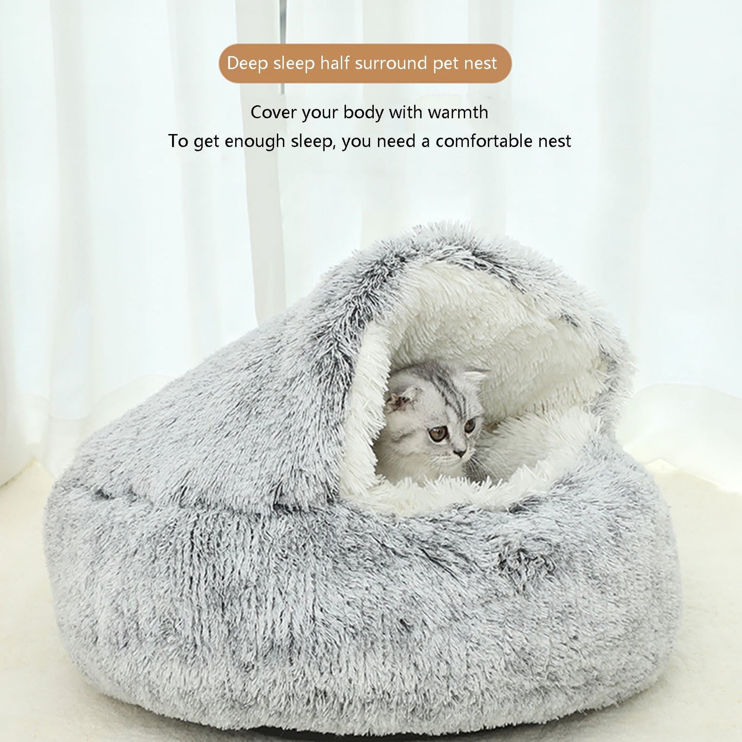 Darzheoy Calming Dog Beds & Cat Cave Bed with Hooded Cover, Removable Washable Round Beds for Small Medium Pets, Anti-Slip Plush Coved Bed for Pet (20"x20") F