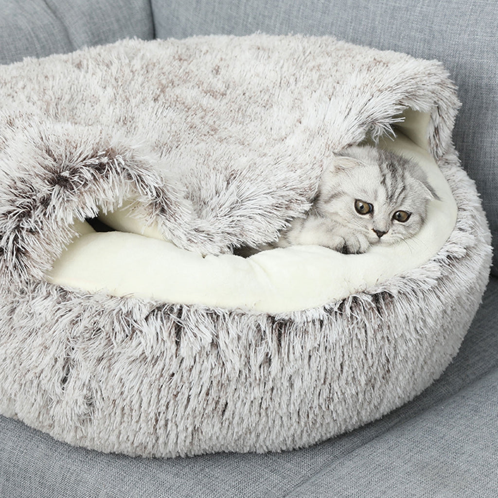 Darzheoy Calming Dog Beds & Cat Cave Bed with Hooded Cover, Removable Washable Round Beds for Small Medium Pets, Anti-Slip Plush Coved Bed for Pet (20"x20") F
