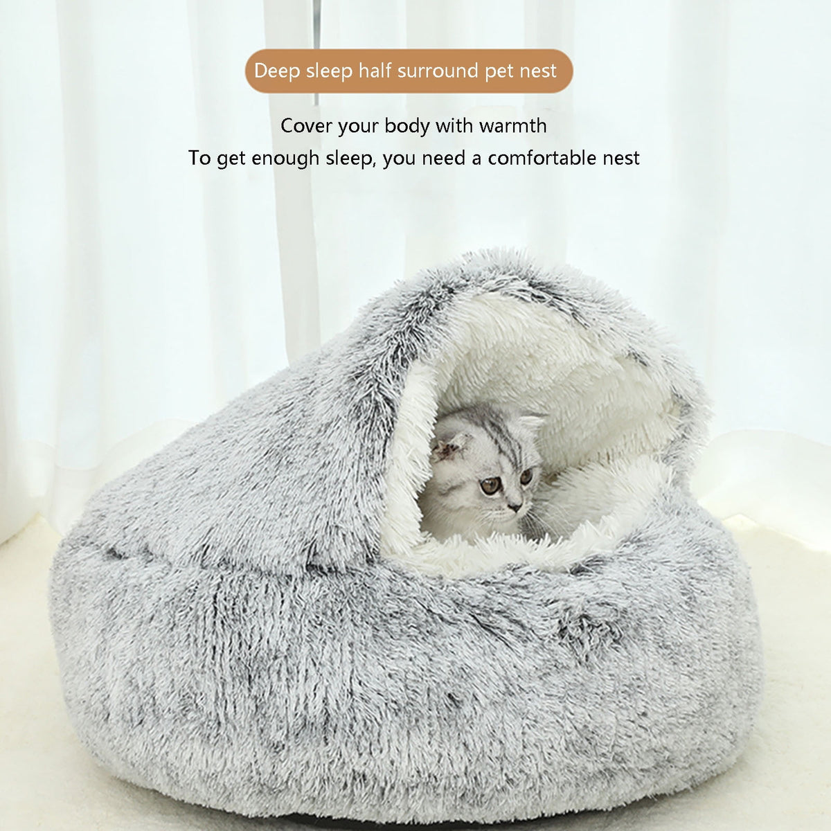 Darzheoy Calming Dog Beds & Cat Cave Bed with Hooded Cover, Removable Washable Round Beds for Small Medium Pets, Anti-Slip Plush Coved Bed for Pet (20"x20") K