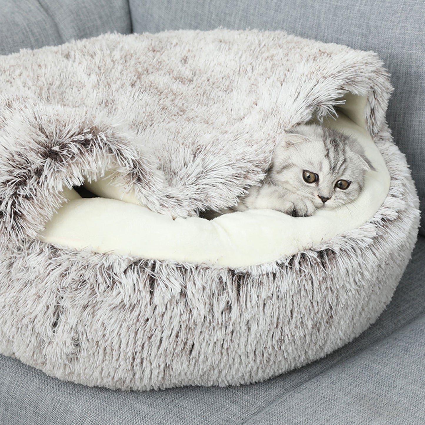 Darzheoy Calming Dog Beds & Cat Cave Bed with Hooded Cover, Removable Washable Round Beds for Small Medium Pets, Anti-Slip Plush Coved Bed for Pet (20"x20") K