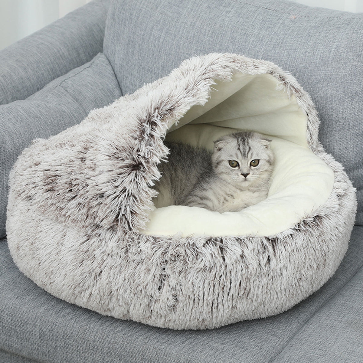Darzheoy Calming Dog Beds & Cat Cave Bed with Hooded Cover, Removable Washable Round Beds for Small Medium Pets, Anti-Slip Plush Coved Bed for Pet (20"x20") L