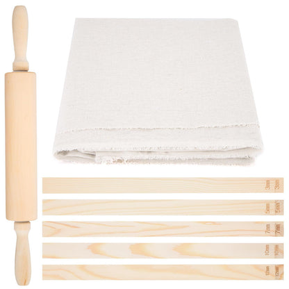 12 Pcs Pottery Tools Include 1 Wood Rolling Pin Sculpting Polymer Clay Tools 1 Portable Pottery Wedging Board/Linen Tablecloth and 10 Pcs 5 Size Teaching Rolling Mud Stick Guide (Tablecloth)