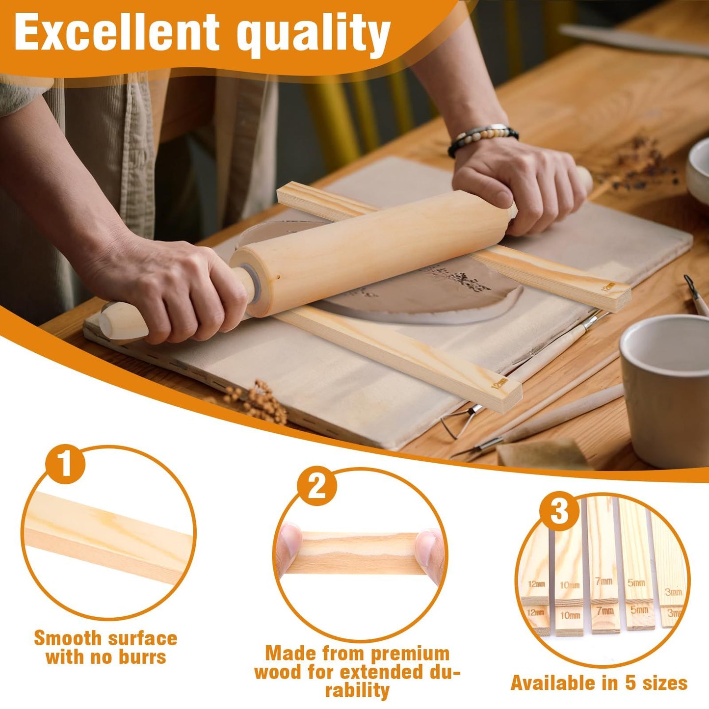 12 Pcs Pottery Tools Include 1 Wood Rolling Pin Sculpting Polymer Clay Tools 1 Portable Pottery Wedging Board/Linen Tablecloth and 10 Pcs 5 Size Teaching Rolling Mud Stick Guide (Tablecloth)