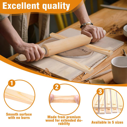 12 Pcs Pottery Tools Include 1 Wood Rolling Pin Sculpting Polymer Clay Tools 1 Portable Pottery Wedging Board/Linen Tablecloth and 10 Pcs 5 Size Teaching Rolling Mud Stick Guide (Tablecloth)