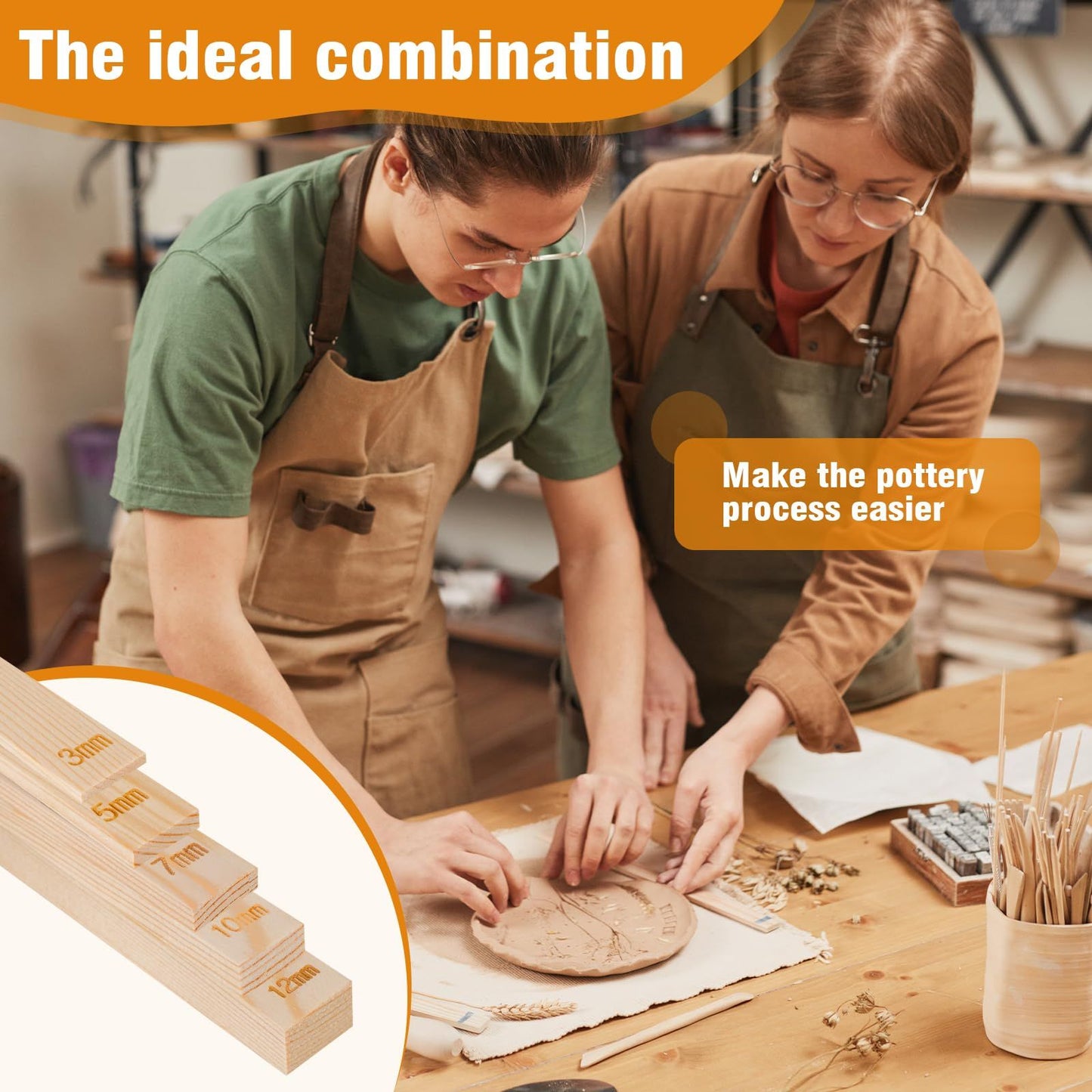 12 Pcs Pottery Tools Include 1 Wood Rolling Pin Sculpting Polymer Clay Tools 1 Portable Pottery Wedging Board/Linen Tablecloth and 10 Pcs 5 Size Teaching Rolling Mud Stick Guide (Tablecloth)