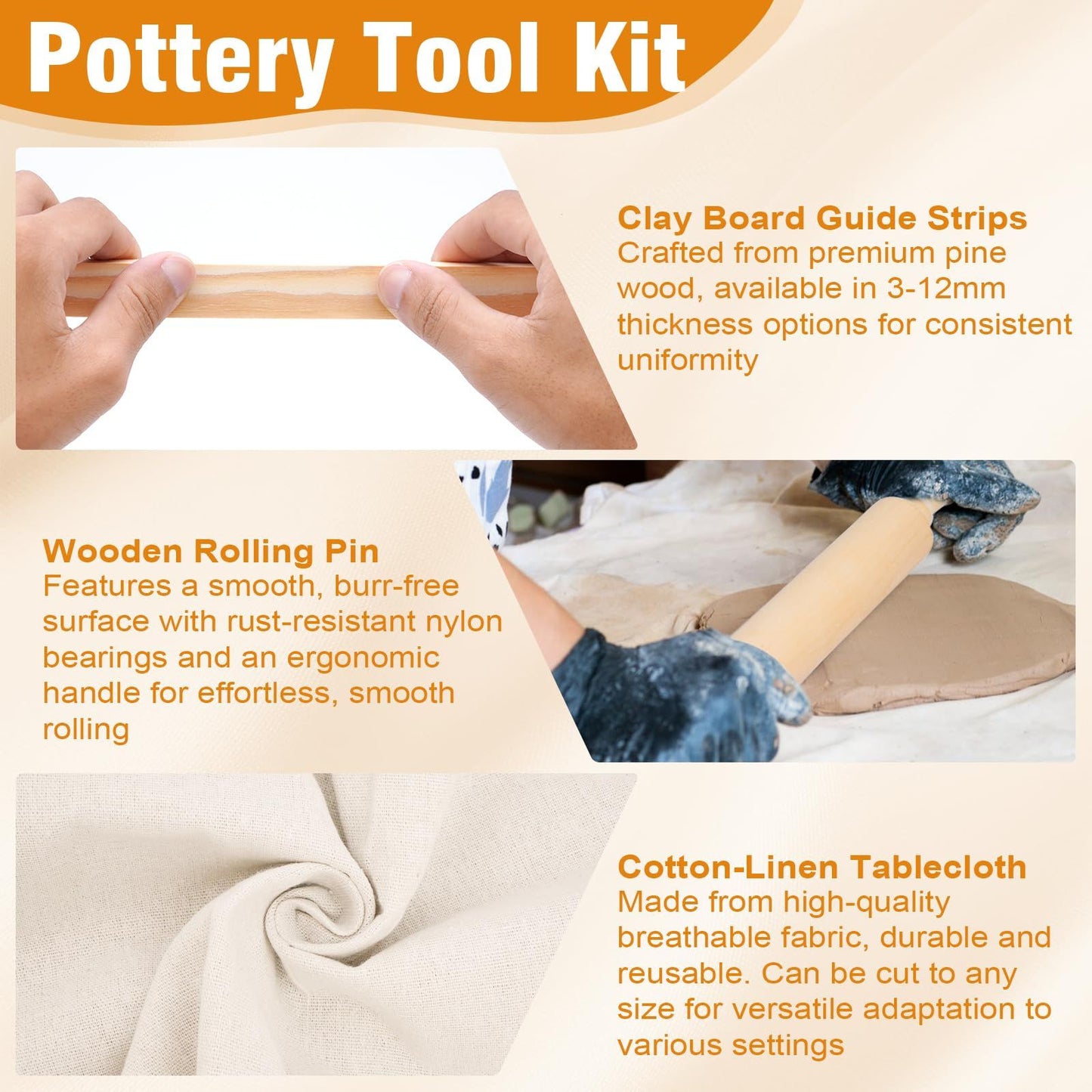 12 Pcs Pottery Tools Include 1 Wood Rolling Pin Sculpting Polymer Clay Tools 1 Portable Pottery Wedging Board/Linen Tablecloth and 10 Pcs 5 Size Teaching Rolling Mud Stick Guide (Tablecloth)