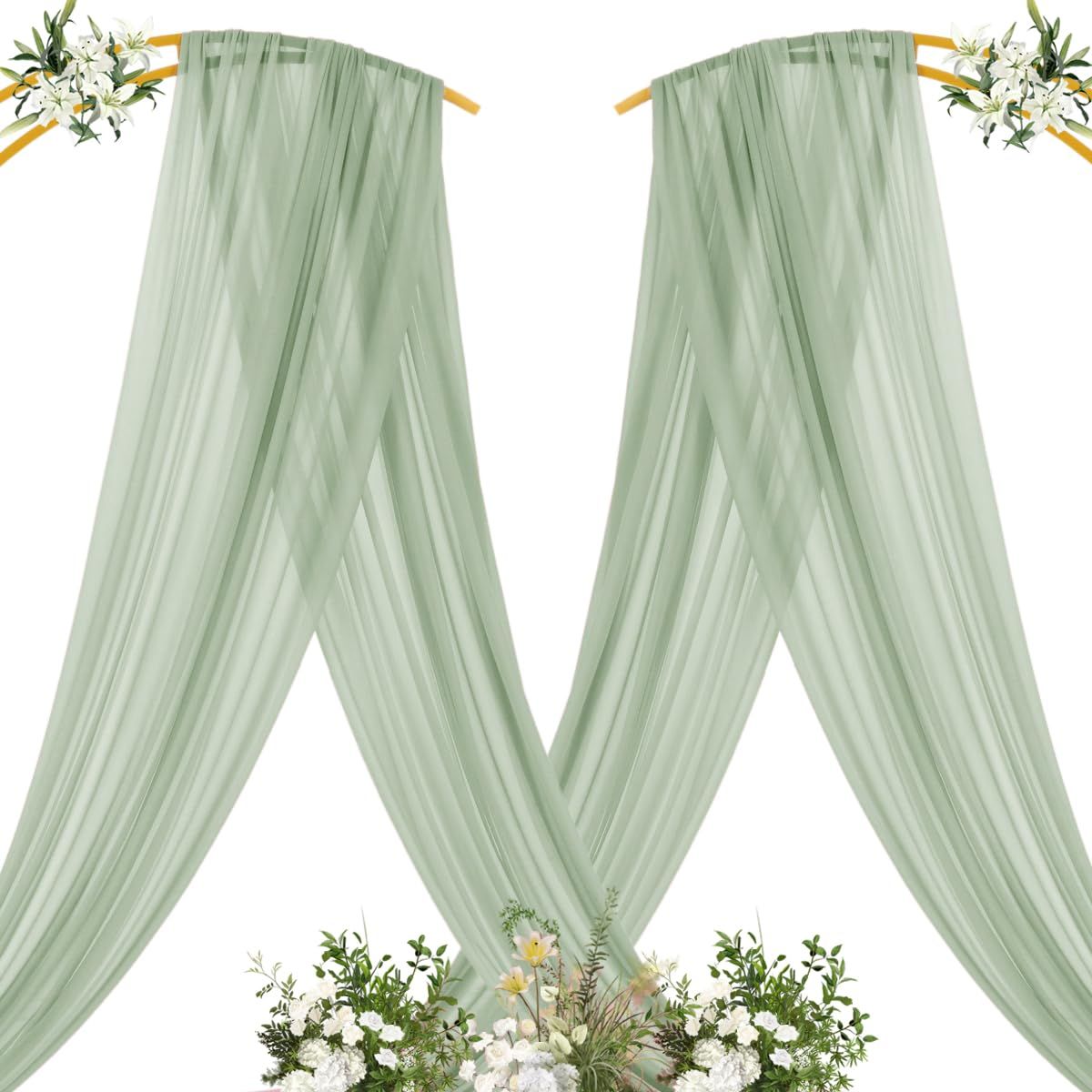Green Sheer Wedding Arch Draping Fabric 75*300cm 2 Panels Outdoor Curtain Drapes Extra Long for Bridal Baby Shower Ceremony Birthday Party Decor
