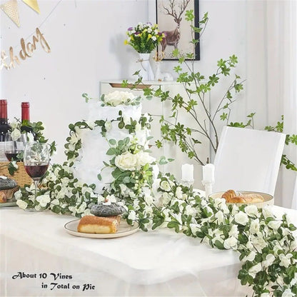 4Pcs Artificial Rose Vine Fake Flower Garland Fake Silk Rose Hanging Vine for Wedding Party Background Arch Garden Background Decoration (White)