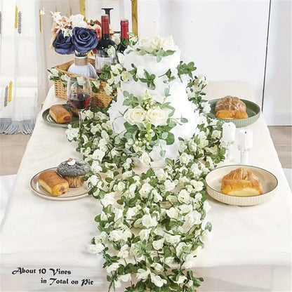 4Pcs Artificial Rose Vine Fake Flower Garland Fake Silk Rose Hanging Vine for Wedding Party Background Arch Garden Background Decoration (White)