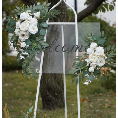 Faux Arch Flower Swag Set of 2 for Wedding Welcome Signs Floral Swag Wedding Reception Ceremony Signs Decor (White)