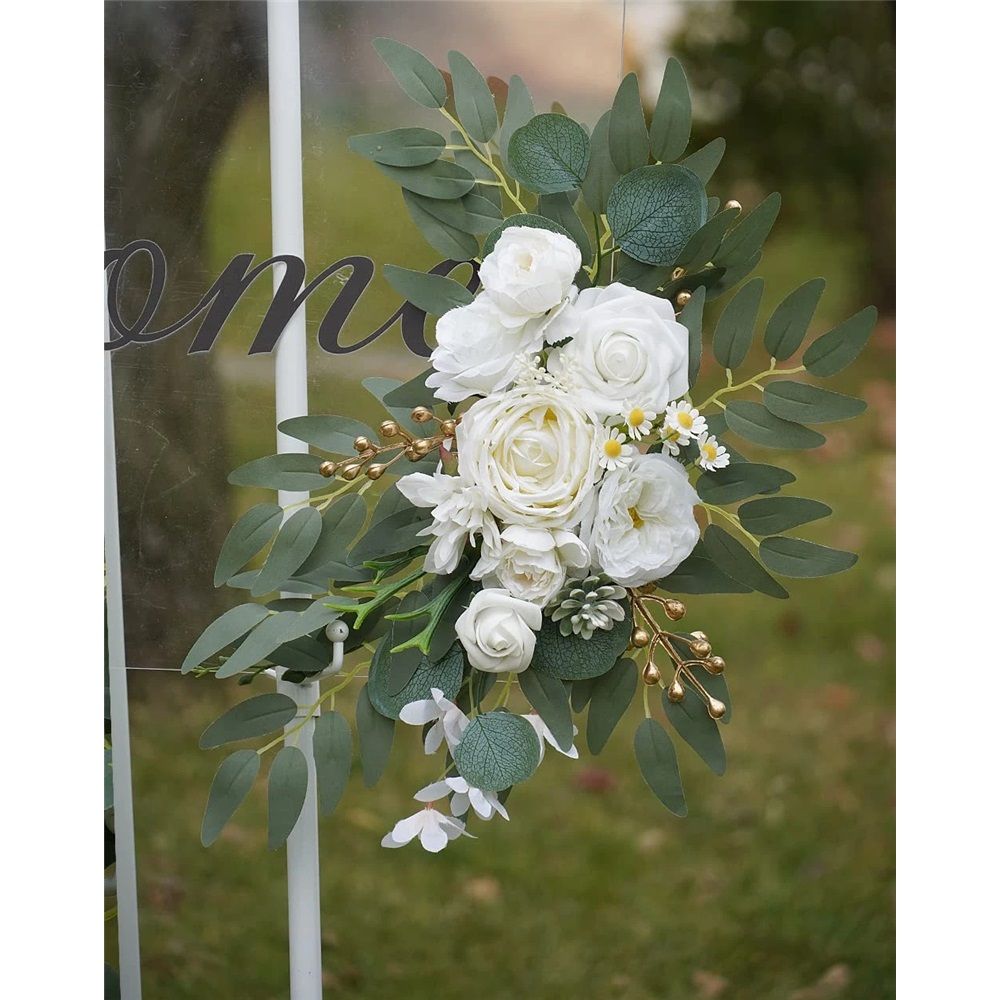 Faux Arch Flower Swag Set of 2 for Wedding Welcome Signs Floral Swag Wedding Reception Ceremony Signs Decor (White)