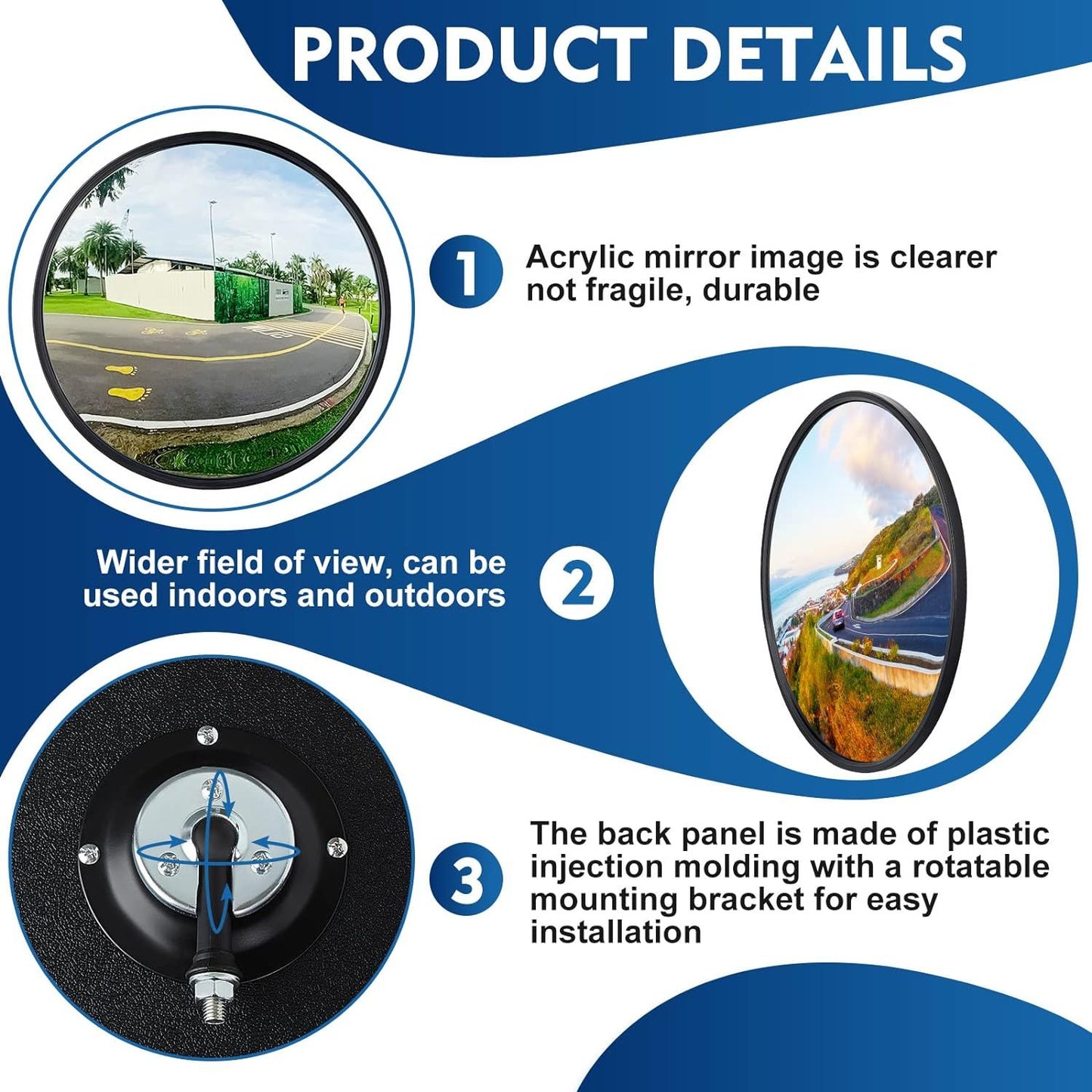 1Pcs Convex Mirror Acrylic Safety Security Traffic Corner Mirrors Adjustable Wide Angle View with Fixing Bracket for Indoor Outdoor Garage School Classroom Warehouse(12 Inch)