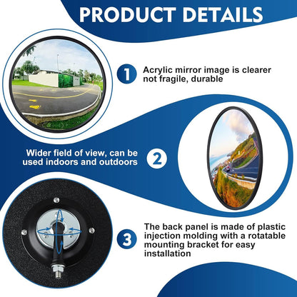 1Pcs Convex Mirror Acrylic Safety Security Traffic Corner Mirrors Adjustable Wide Angle View with Fixing Bracket for Indoor Outdoor Garage School Classroom Warehouse(12 Inch)