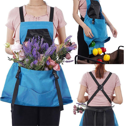 Berry&Bird Harvest Apron, Canvas Gardening Apron with Pockets and Harvesting Pouch Waterproof Harvesting Apron（blue）