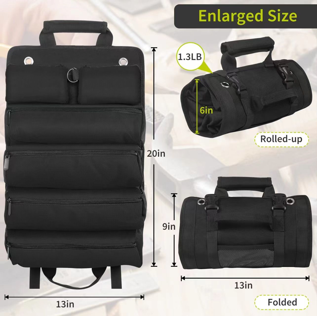 Heavy Duty Roll Up Tool Bag,Thickened Oxford Fabric, Puncture Resistant for Electricians, Carpentry, DIY, Car Repair, Multi-Color(Black)