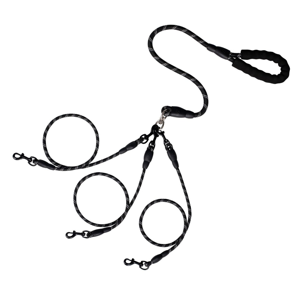 No Tangle 3 Dog  - Main Lead Rope with Padded Handle, Three Detachable Leash Splitters, Heavy-Duty Clip,  Walking, Running, Small, Medium, Large Dogs (Black)