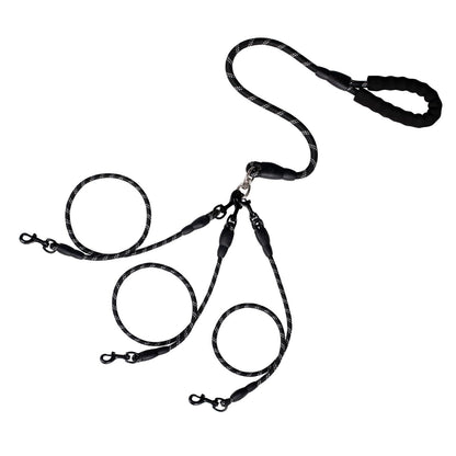 No Tangle 3 Dog  - Main Lead Rope with Padded Handle, Three Detachable Leash Splitters, Heavy-Duty Clip,  Walking, Running, Small, Medium, Large Dogs (Black)