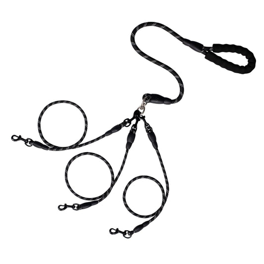 No Tangle 3 Dog  - Main Lead Rope with Padded Handle, Three Detachable Leash Splitters, Heavy-Duty Clip,  Walking, Running, Small, Medium, Large Dogs (Black)
