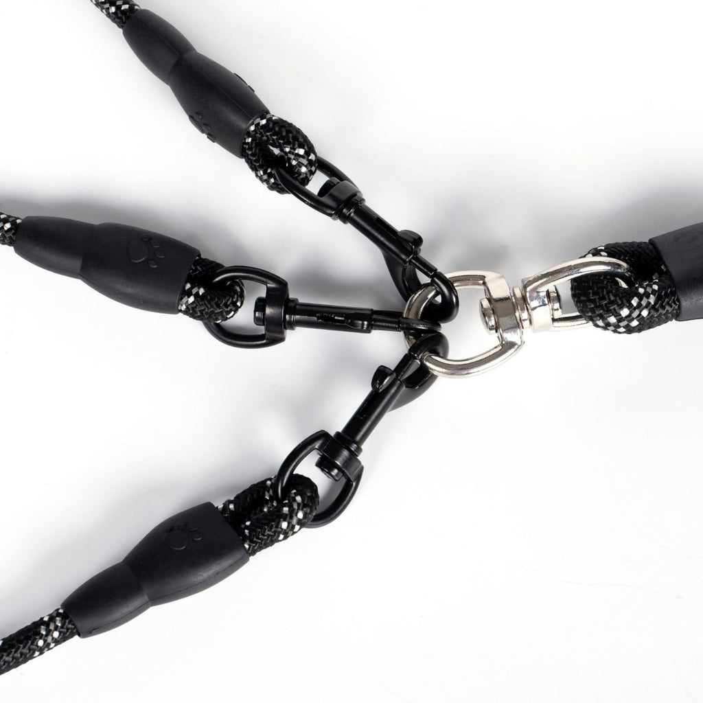 No Tangle 3 Dog  - Main Lead Rope with Padded Handle, Three Detachable Leash Splitters, Heavy-Duty Clip,  Walking, Running, Small, Medium, Large Dogs (Black)