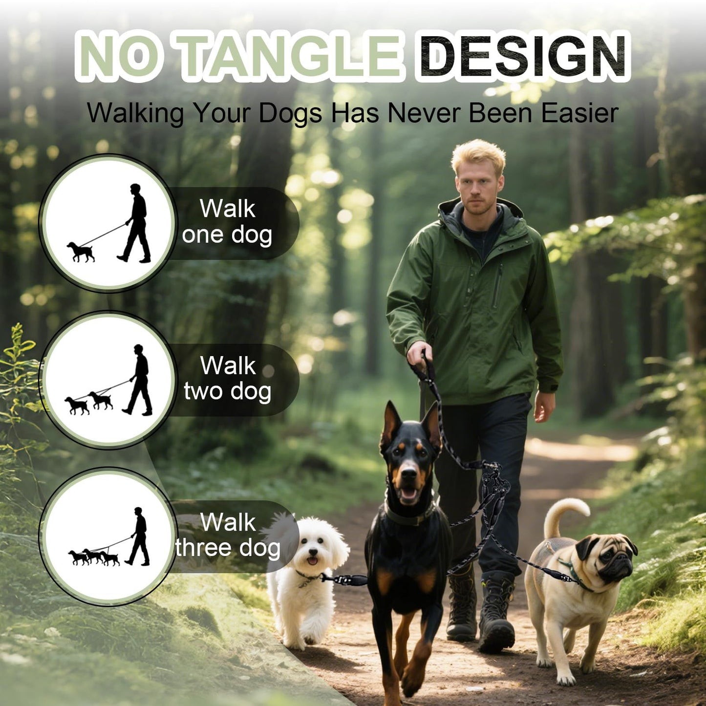 No Tangle 3 Dog  - Main Lead Rope with Padded Handle, Three Detachable Leash Splitters, Heavy-Duty Clip,  Walking, Running, Small, Medium, Large Dogs (Black)