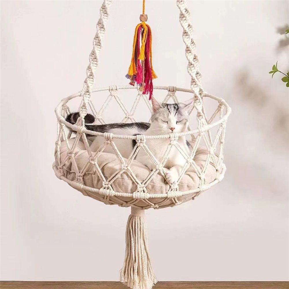 Cat Hammock with Cushion,Hanging Indoor Boho Kitten Swing Beds for Playing Sleeping Climbing and Lounging(Bottom double circle plane)Excluding cushion