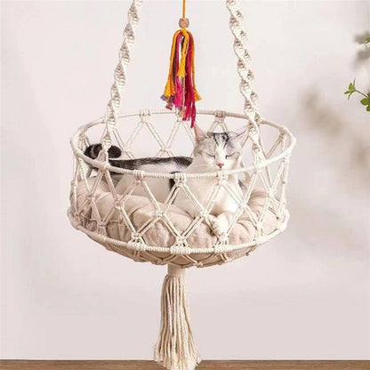 Cat Hammock with Cushion,Hanging Indoor Boho Kitten Swing Beds for Playing Sleeping Climbing and Lounging(Bottom double circle plane)Excluding cushion