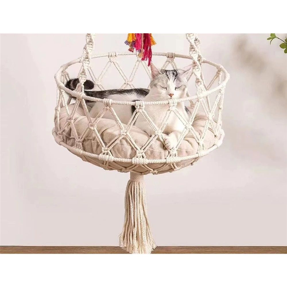 Cat Hammock with Cushion,Hanging Indoor Boho Kitten Swing Beds for Playing Sleeping Climbing and Lounging(Bottom double circle plane)Excluding cushion