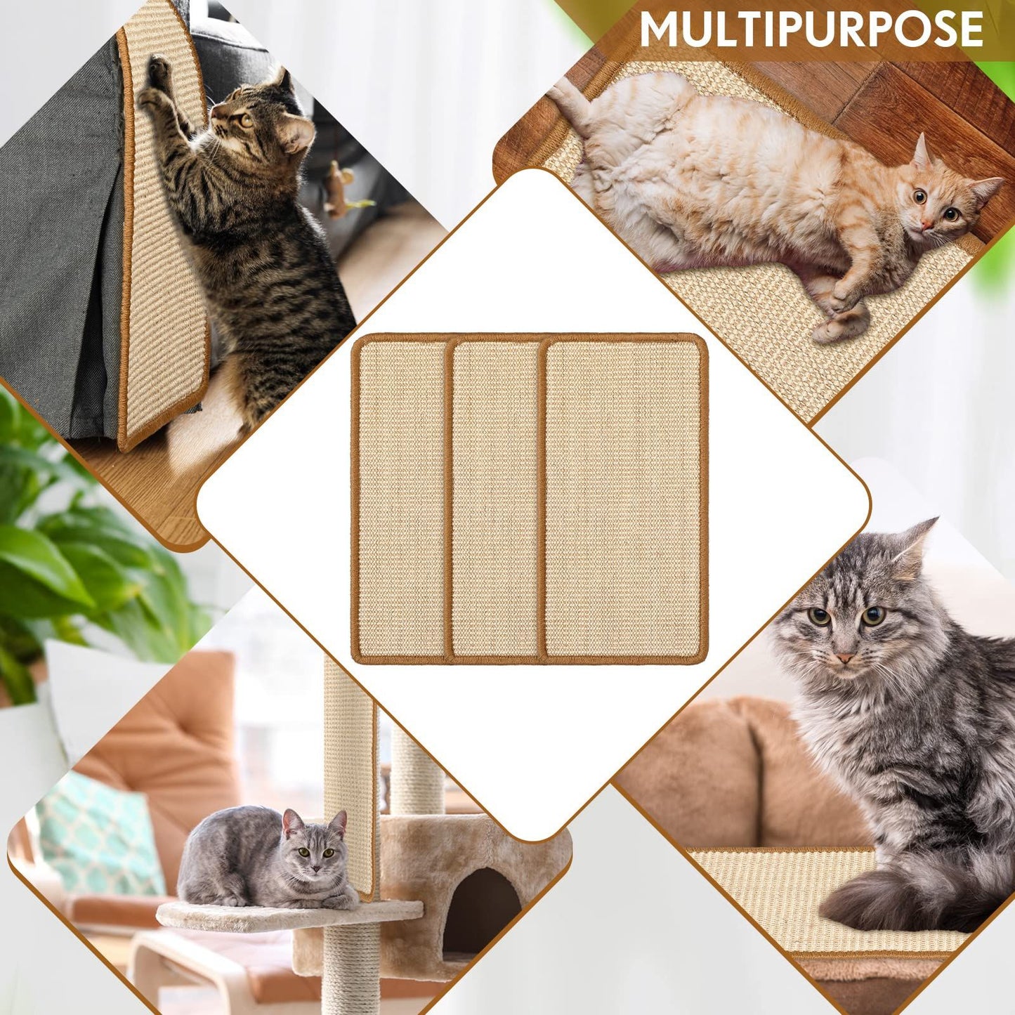 3 Packs Cat Scratching Mat, 15.7 x 11.8 Inch Natural Sisal Cat Scratch Pad Mats for Indoor Cats, Horizontal Cats Wall Scratcher Kitten Floor Rug, Furniture Protector