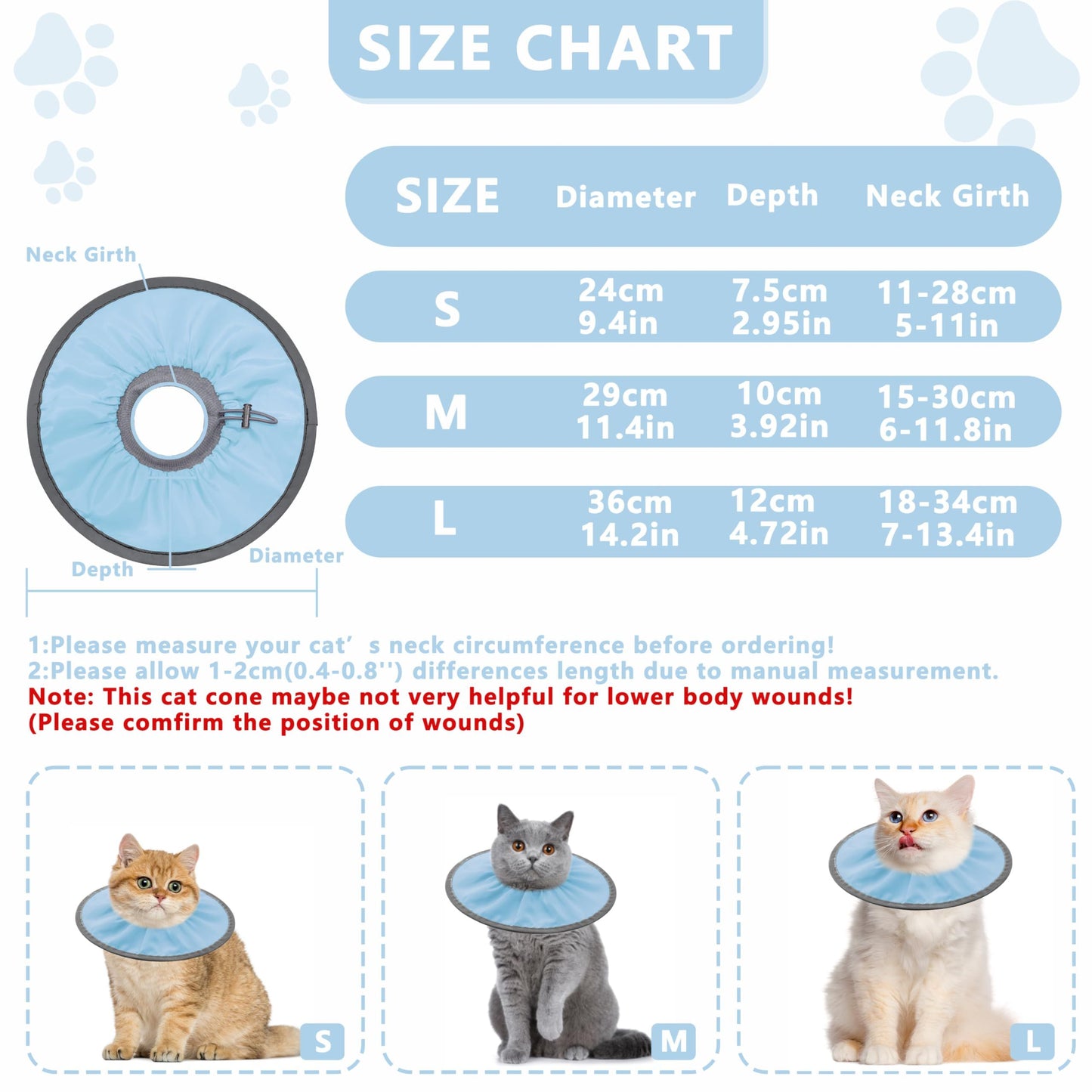 Lightweight Cat Cone Collar Soft, Soft Comfortable Cat Recovery Collar After Surgery, Collar for Cats, Cone for Cats to Stop Licking (Baby Blue, S)