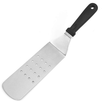 2 PCS Stainless Steel Dry Pan Teppanyaki, Slotted Spatula Handle Flexible Grill Turner/Spatula Black Plastic Handle