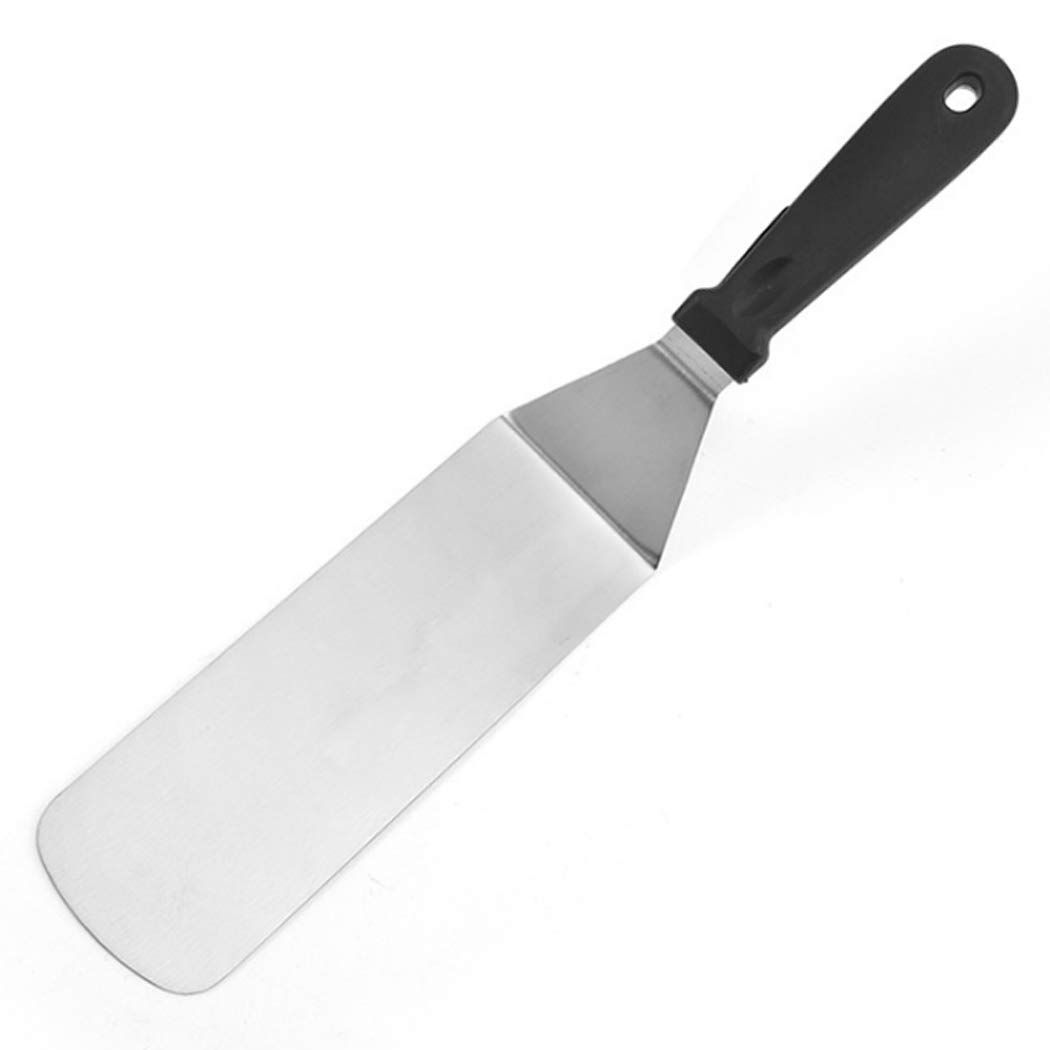 2 PCS Stainless Steel Dry Pan Teppanyaki, Slotted Spatula Handle Flexible Grill Turner/Spatula Black Plastic Handle