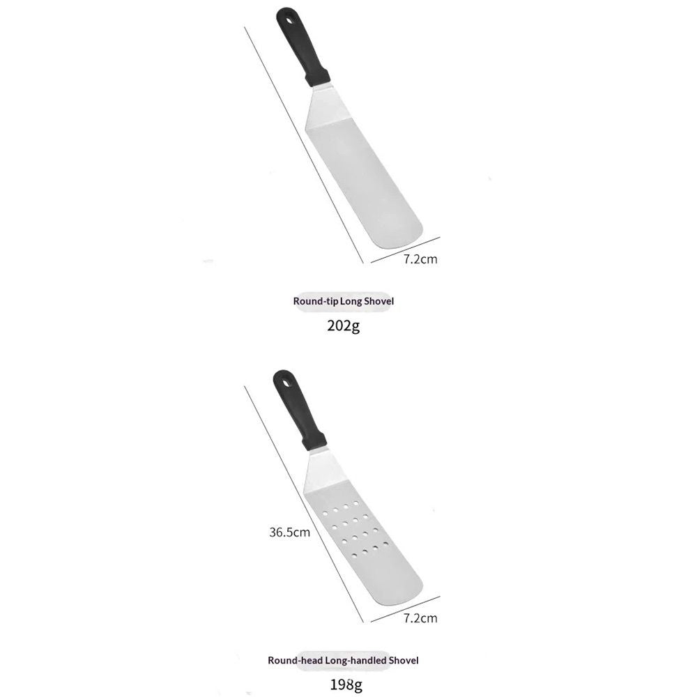 2 PCS Stainless Steel Dry Pan Teppanyaki, Slotted Spatula Handle Flexible Grill Turner/Spatula Black Plastic Handle