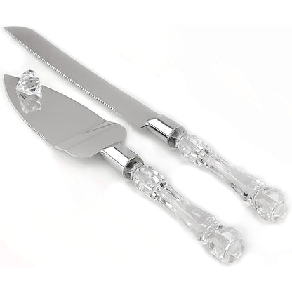 2 set Elegant Cake Knife and Server Set Stainless Steel with Crystal Handle - Perfect for Weddings Anniversaries,and Special Celebrations (Sliver)（Two knives and shovels）