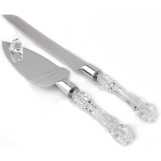 2 set Elegant Cake Knife and Server Set Stainless Steel with Crystal Handle - Perfect for Weddings Anniversaries,and Special Celebrations (Sliver)（Two knives and shovels）