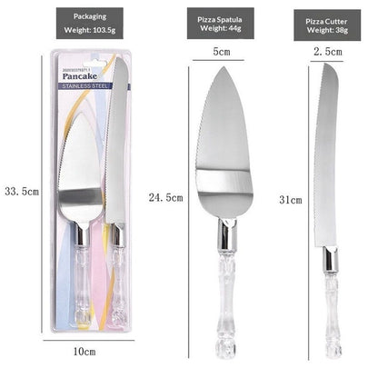 2 set Elegant Cake Knife and Server Set Stainless Steel with Crystal Handle - Perfect for Weddings Anniversaries,and Special Celebrations (Sliver)（Two knives and shovels）