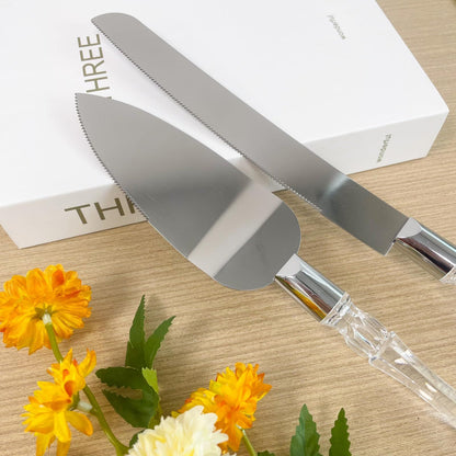 2 set Elegant Cake Knife and Server Set Stainless Steel with Crystal Handle - Perfect for Weddings Anniversaries,and Special Celebrations (Sliver)（Two knives and shovels）