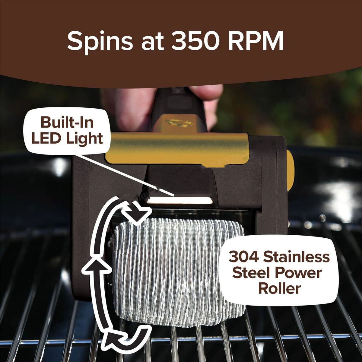 Electric Grill Cleaner Bristle Free – Cordless, Rechargeable BBQ Grill Brush with 350 RPM Stainless Roller, LED Light, Dishwasher-Safe for Gas/Charcoal Grills
